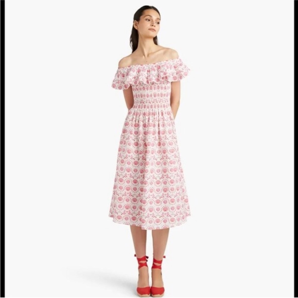Hill House Pink and White Linen Off-Shoulder Midi Dress